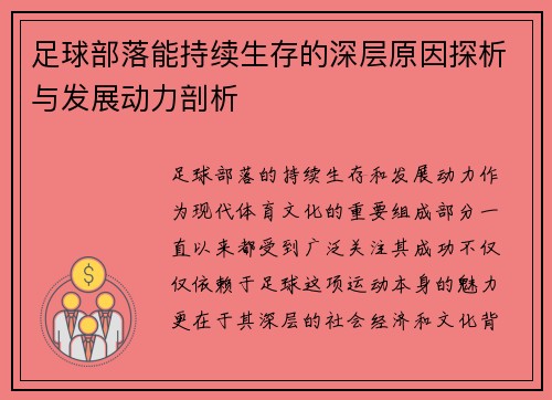 足球部落能持续生存的深层原因探析与发展动力剖析 足球部落能持续生存的深层原因探析与发展动力剖析